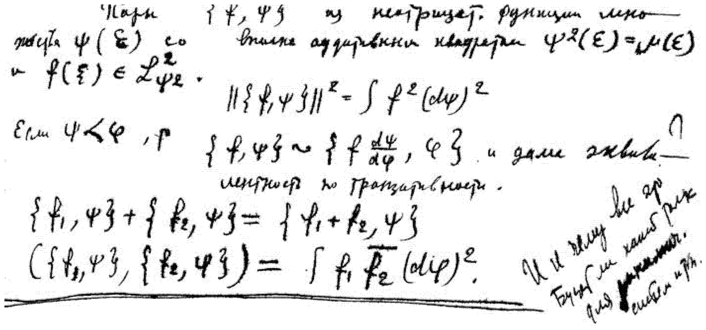 A block of his own hand. Transcription: “Pairs {f,ψ}\{f, \psi\}{f,ψ} of non-negative functions … such that ψ(ξ)\psi(\xi)ψ(ξ) has a completely-additive square ψ2(ε)=μ(ε)\psi^2(\varepsilon) = \mu(\varepsilon)ψ2(ε)=μ(ε) and f(ξ)∈Lψ22f(\xi) \in L^2_{\psi^2}f(ξ)∈Lψ22​.” Then, in his hand: ∥{f,ψ}∥2=∫f2(dψ)2\|\{f, \psi\}\|^2 = \int f^2 (d\psi)^2∥{f,ψ}∥2=∫f2(dψ)2; “if ψ≺φ\psi \prec \varphiψ≺φ, [then] {f,ψ}∼{f⋅dψ/dφ,φ}\{f, \psi\} \sim \{f \cdot d\psi/d\varphi, \varphi\}{f,ψ}∼{f⋅dψ/dφ,φ}, and further equivalence by transitivity”; {f1,ψ}+{f2,ψ}={f1+f2,ψ}\{f_1, \psi\} + \{f_2, \psi\} = \{f_1+f_2, \psi\}{f1​,ψ}+{f2​,ψ}={f1​+f2​,ψ}, ({f1,ψ},{f2,ψ})=∫f1fˉ2(dψ)2(\{f_1, \psi\}, \{f_2, \psi\}) = \int f_1 \bar{f}_2 (d\psi)^2({f1​,ψ},{f2​,ψ})=∫f1​fˉ​2​(dψ)2. A note runs diagonally up the top-right corner and does not resolve even at high magnification — [diagonal note in the margin, illegible].