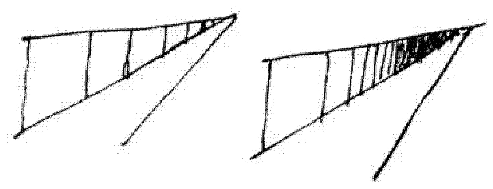 Two small perspective sketches in his own hand — a wedge-or-ladder form, one of them hatched — which are the content of the author’s footnote “In the experiment”: a demonstration of the perceptual point (Alla’s “truer eye” against Seryozha’s).