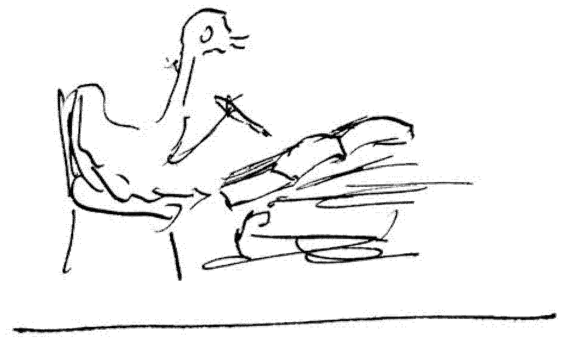 A pen self-caricature: a bird-headed figure seated at a writing-desk, pen in hand, bent over a heap of papers, drawn on a long baseline rule — himself in the goose idiom that runs through the volume.