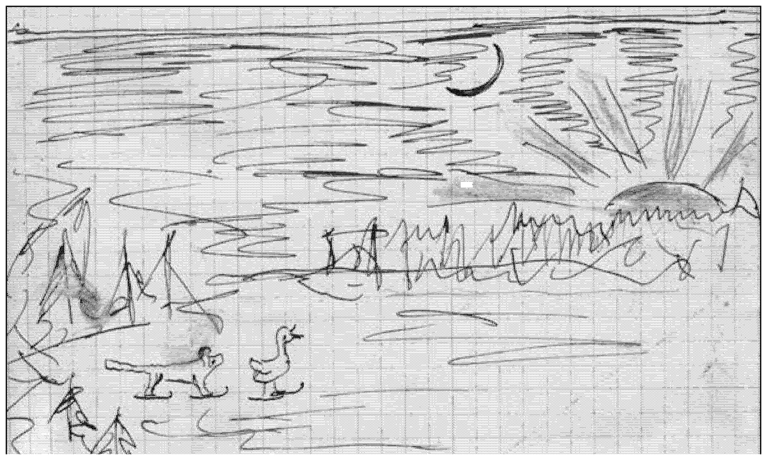 A full-plate pencil winter landscape: a crescent moon and a sun, firs, a hatched sky, and — at the centre-bottom — two geese on skis. Captioned “From the ‘artistic diaries’.”